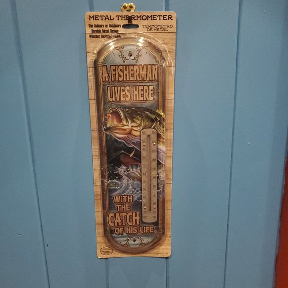 "A Fisherman Lives Here with the Catch of his life" - Retro Metal Thermometer - Picture 1 of 7